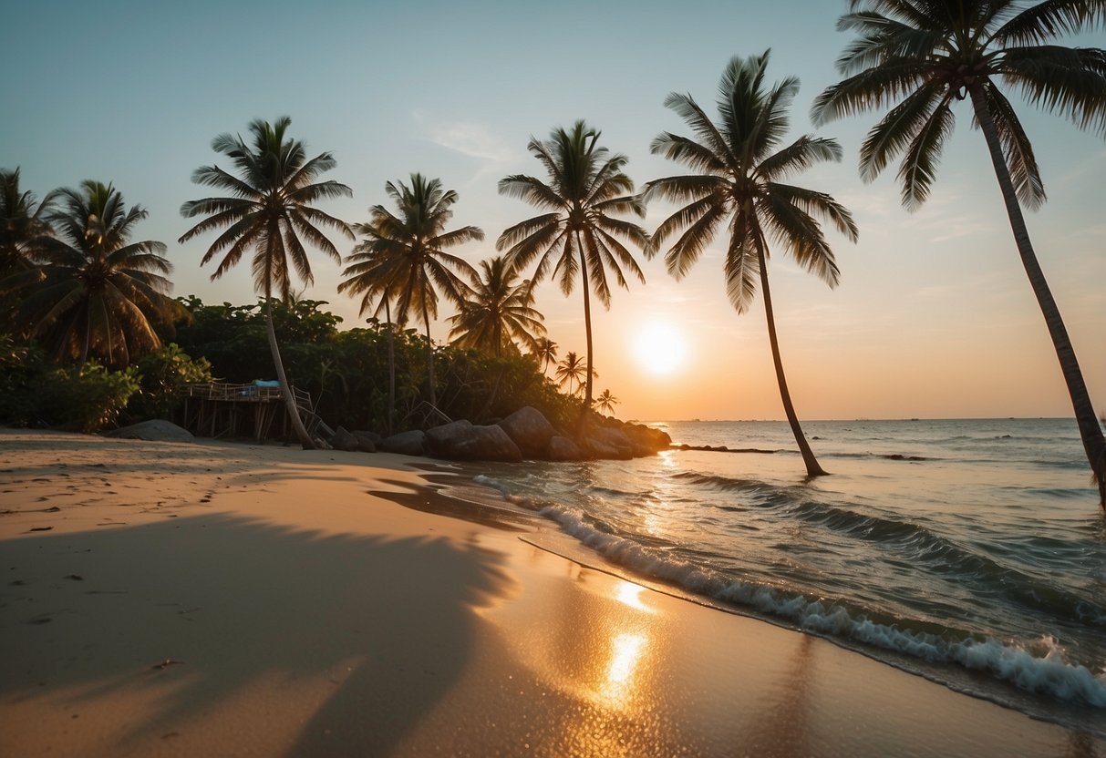 The sun sets over Klong Nin Beach, casting a golden glow on the calm, turquoise waters and the powdery white sand. Palm trees sway gently in the warm breeze, creating a serene and picturesque scene