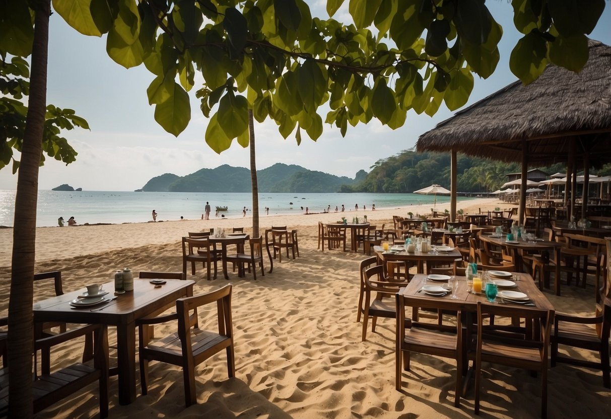 A beach scene with accommodations and culinary options at Klong Nin Beach