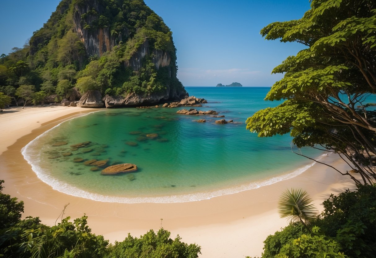 A picturesque view of Ko Lanta Yai, with lush greenery, crystal-clear waters, and a golden sandy beach stretching along the coastline