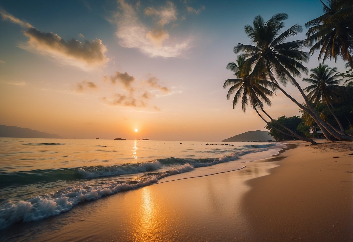 A serene beach at Koh Lanta with crystal-clear waters, palm trees swaying in the gentle breeze, and a colorful sunset painting the sky