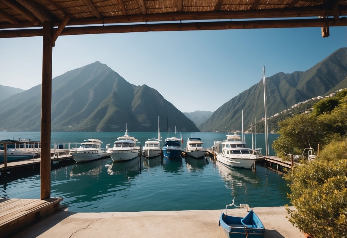 Saladan Pier: boats docked, clear blue waters, lush greenery, mountains in the distance