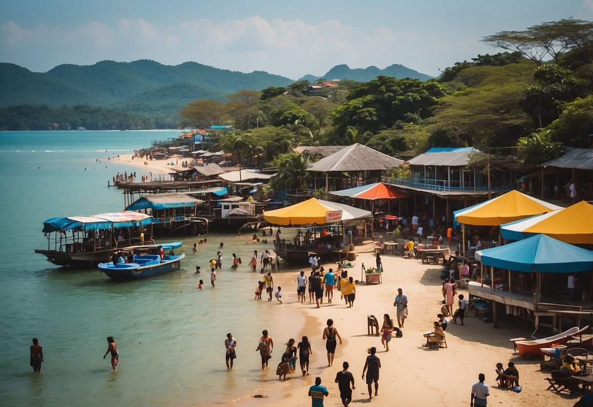 People enjoying leisure activities at Saladan Pier, Koh Lanta. Shops, restaurants, and boats line the pier with a bustling and lively atmosphere