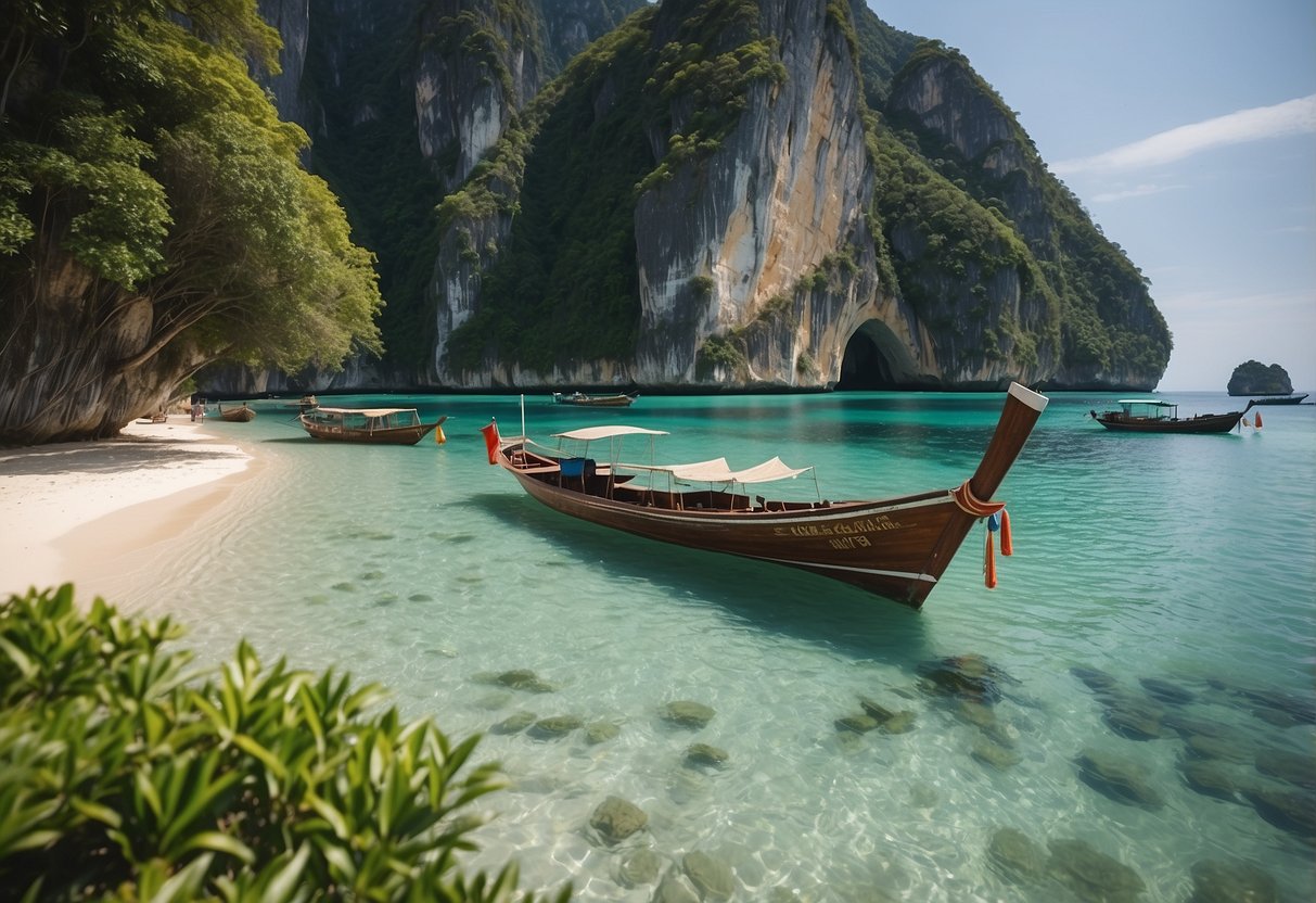 A serene beach with crystal-clear waters, surrounded by lush greenery and towering limestone cliffs, with colorful longtail boats dotting the coastline