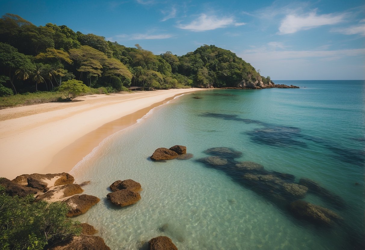 Beach and nature scene on Koh Lanta with clear blue waters, lush greenery, and golden sandy beaches