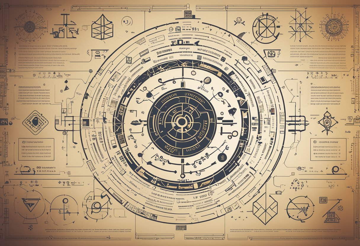 A network diagram with Aztec symbols and mathematical equations representing Zk-Snarks implementation for enhanced security