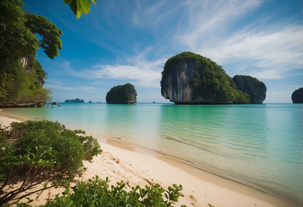 A serene beach with limestone cliffs, clear blue waters, and lush greenery on Insel Krabi