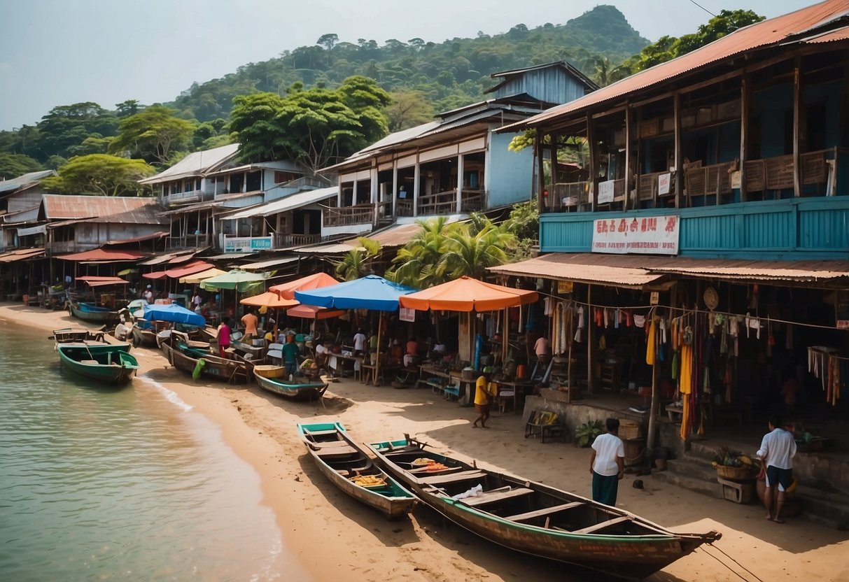 The old town of Koh Lanta bustles with colorful buildings and fishing boats lining the waterfront. A bustling market fills the narrow streets, while traditional Thai architecture adds to the charm