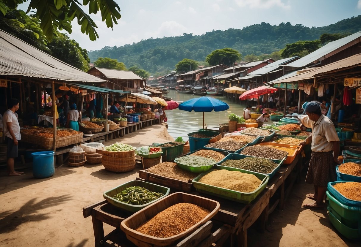 A bustling market in Koh Lanta Old Town, with colorful stalls selling fresh seafood, local crafts, and aromatic spices. The backdrop of traditional wooden houses and boats adds to the charm of the scene