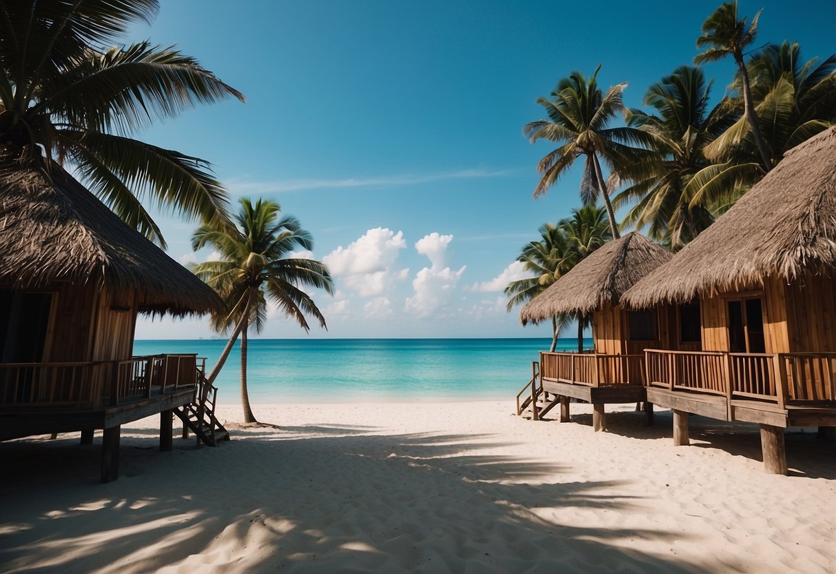 A rustic bungalow nestled among palm trees on the white sandy beach of Koh Lanta, with crystal clear turquoise waters stretching to the horizon