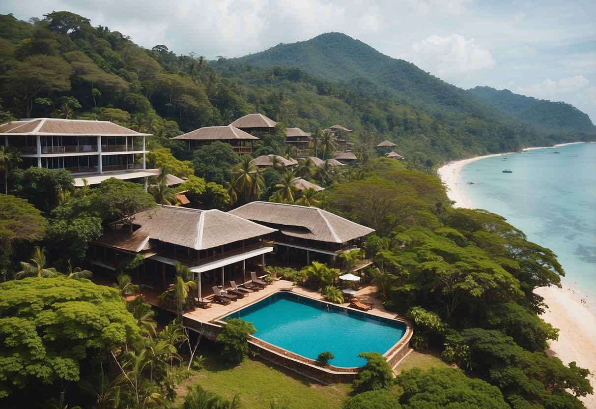 Various accommodation options on Koh Lanta, including beachfront bungalows and modern hotels, surrounded by lush tropical vegetation