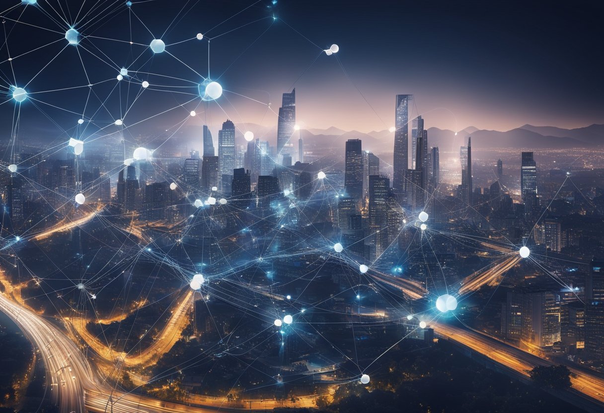 A bustling city skyline with interconnected nodes and pathways symbolizing layer 2 solutions for blockchain, showcasing speed and efficiency