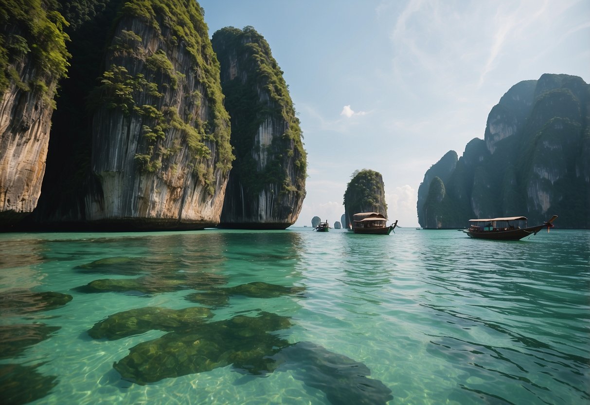 Crystal clear waters surround a cluster of lush, green islands with towering limestone cliffs, as long-tail boats navigate between them for Krabi inselhopping