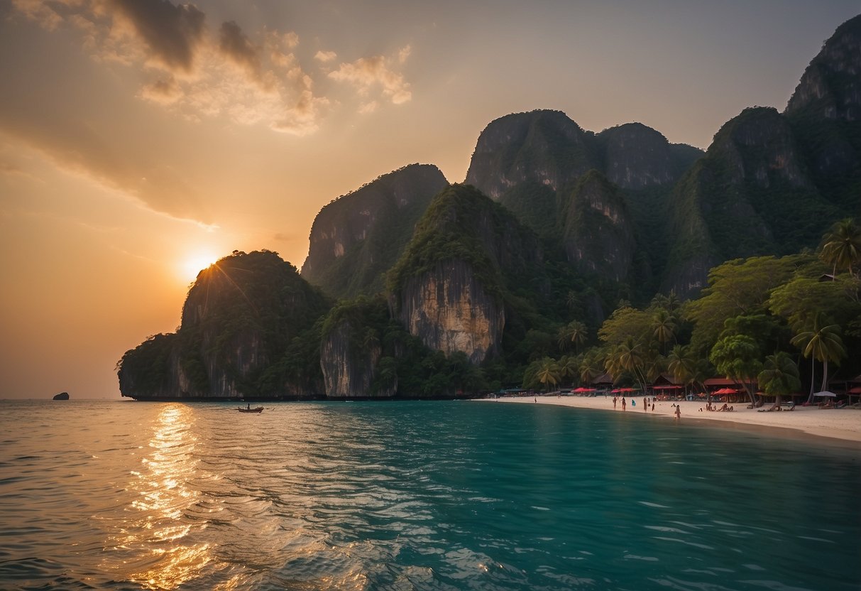 The sun sets behind the limestone cliffs of Koh Phi Phi, casting a golden glow over the turquoise waters between Koh Phi Phi and Koh Lanta