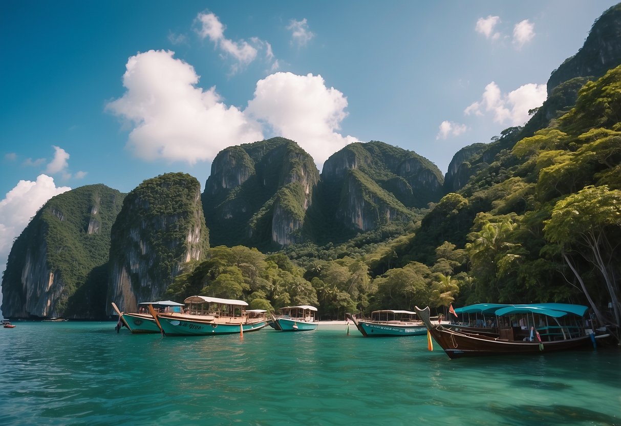 Arrival at Koh Phi Phi from Koh Lanta: boats approaching island pier with lush greenery and clear blue waters