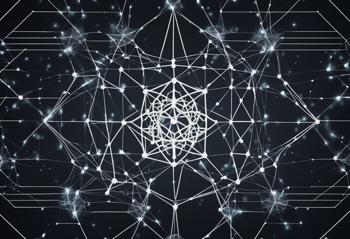 A complex web of interconnected nodes and lines, representing the intricate process of Zk Snarks, with Ethereum symbol in the center