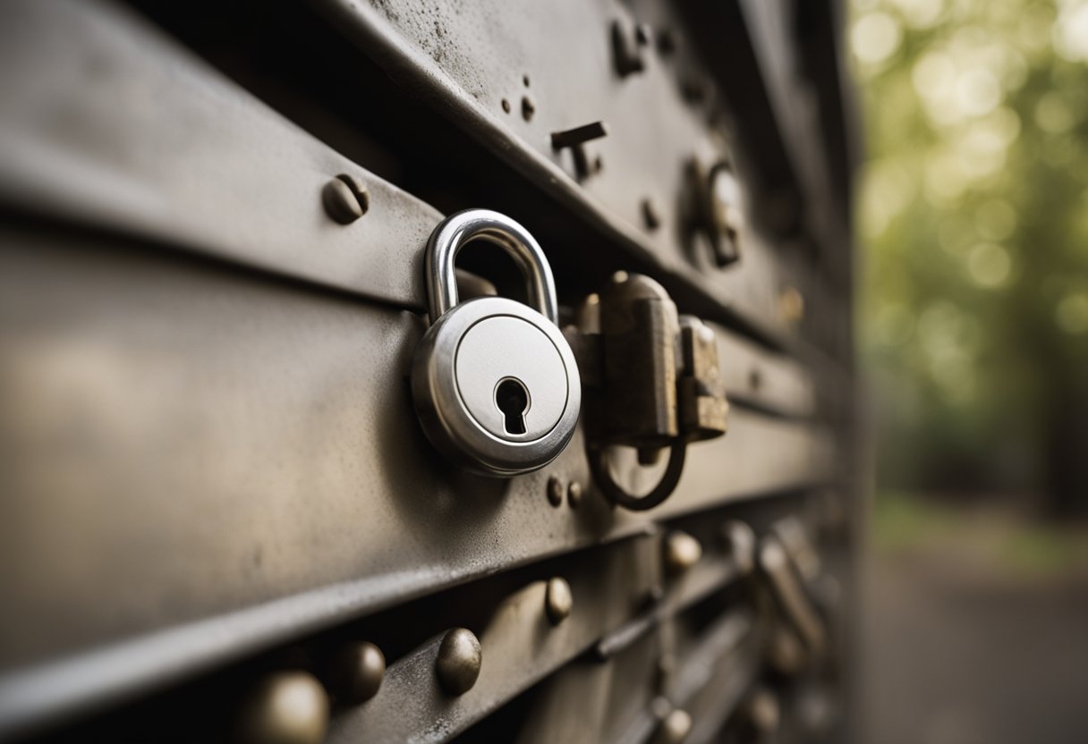 A locked vault with a broken padlock and a visible trail of footprints leading away