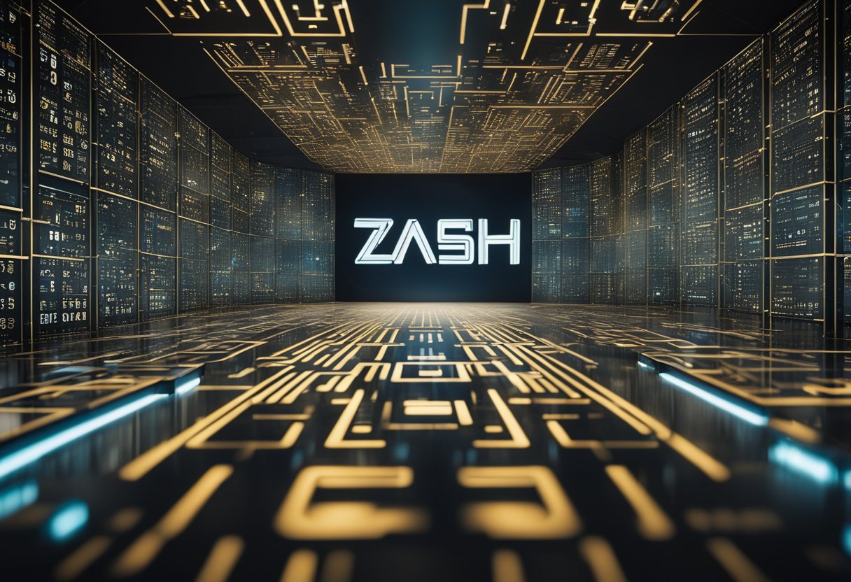 The scene depicts a futuristic, digital landscape with Zcash and Zk Snarks logos prominently displayed, showcasing cutting-edge encryption technology