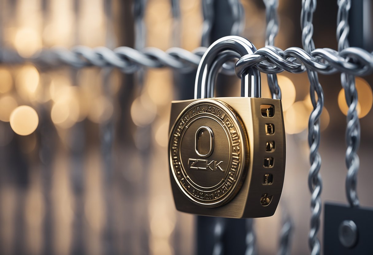 A padlock symbolizing privacy and a shield representing security, with a scale comparing Zeroc Coin and Zk Snarks technology