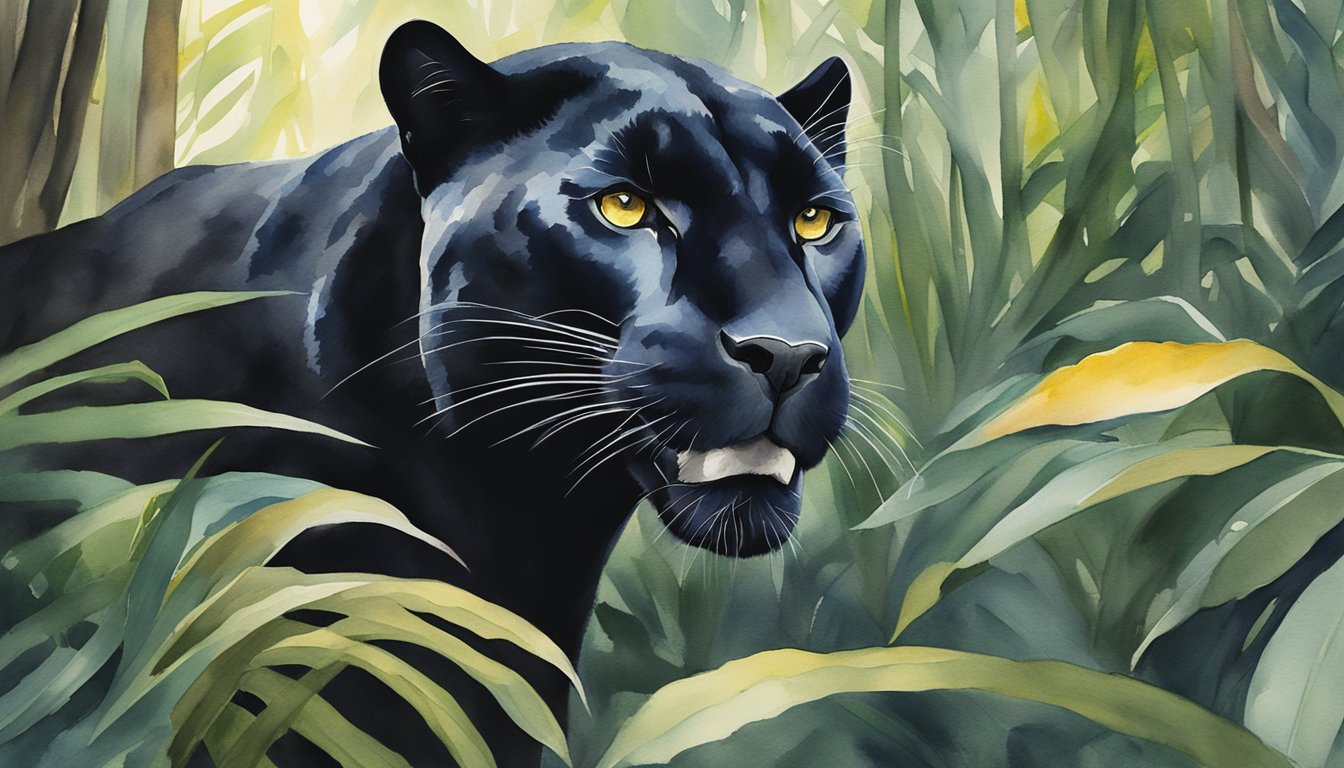 A sleek black panther prowls through the dense jungle, its golden eyes gleaming in the moonlight as it stalks its prey