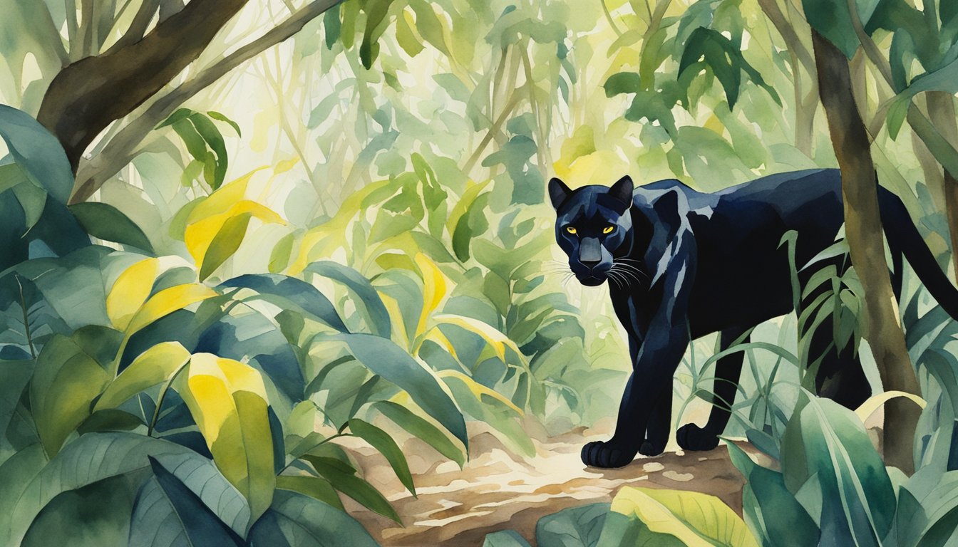 A dense, lush jungle with towering trees and tangled vines.</p><p>A sleek black panther prowls through the undergrowth, its piercing yellow eyes gleaming in the dappled sunlight