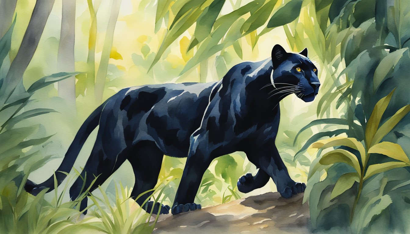 A sleek black panther prowls through a dense jungle, its golden eyes gleaming in the dappled sunlight as it moves stealthily through the underbrush