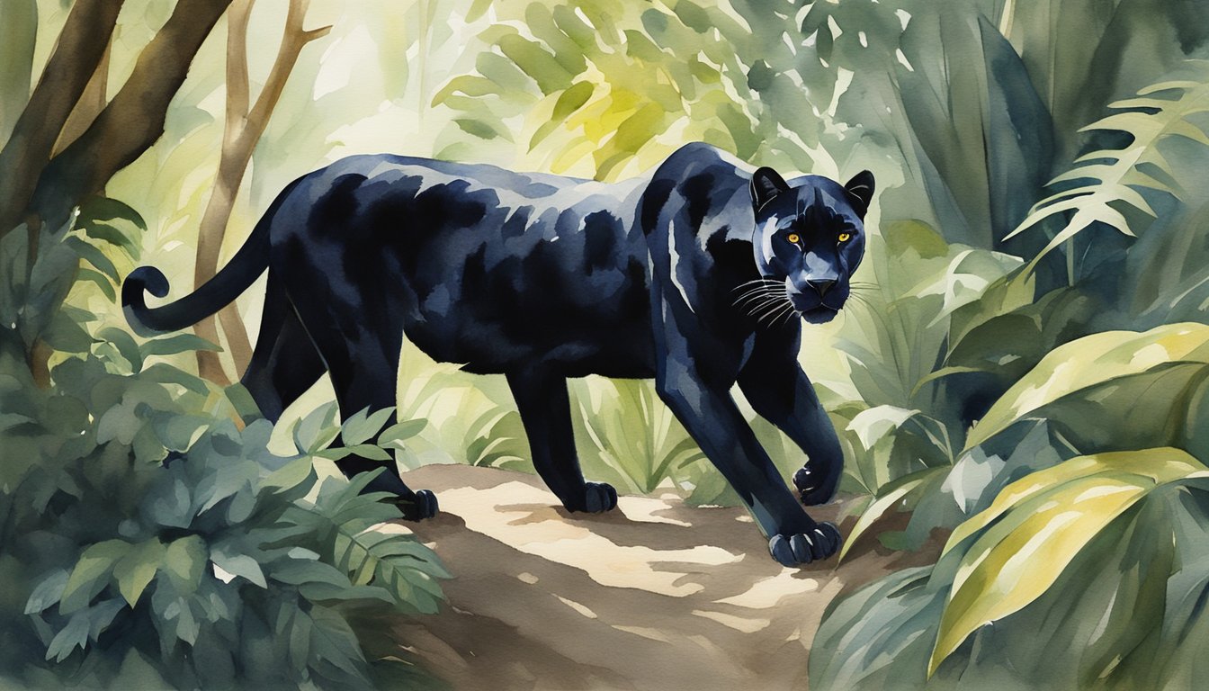 A black panther prowls through dense jungle foliage, its sleek fur glinting in the dappled sunlight as it observes its surroundings with alert, golden eyes