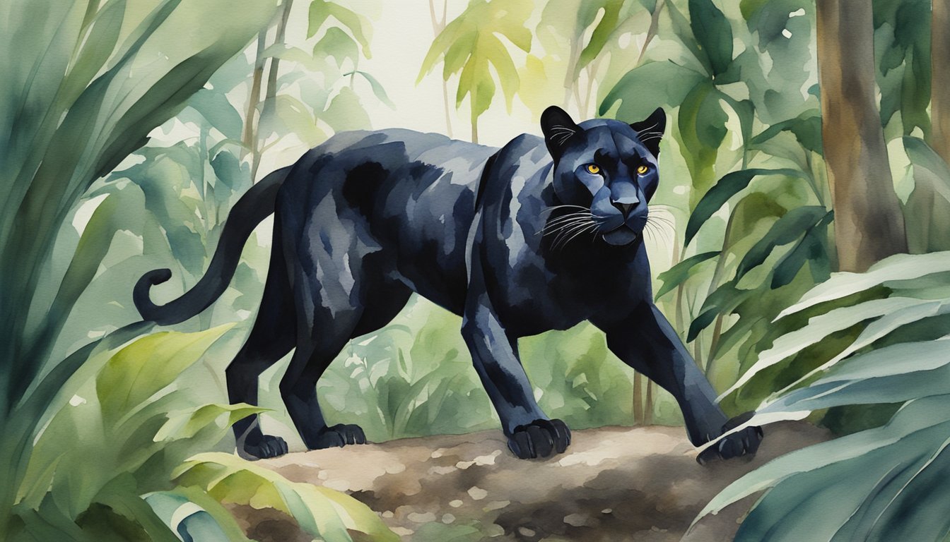 A black panther prowls through dense jungle foliage, muscles rippling beneath its sleek fur