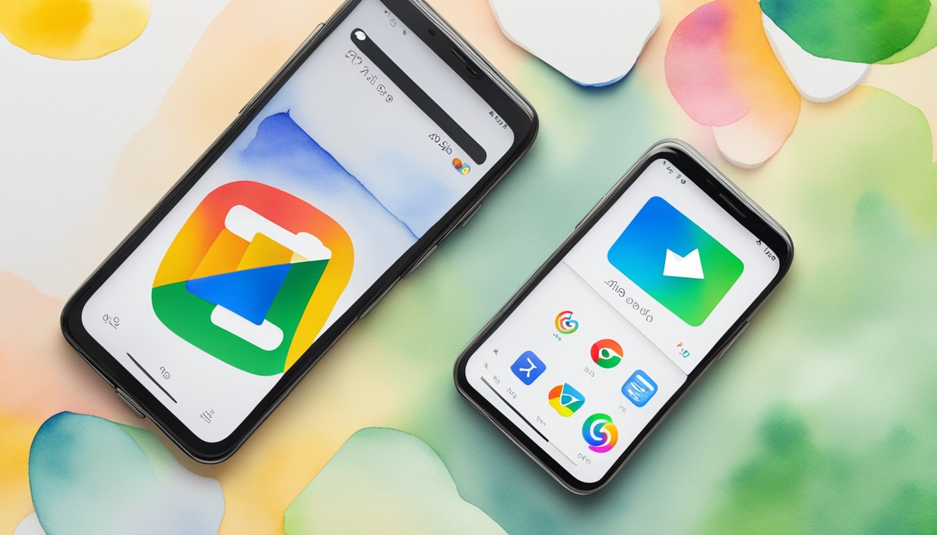 Two smartphones side by side, one displaying the Google Play Store with various app icons, and the other showing the Apple App Store with different app icons.</p><p>The screens highlight the top 10 differences between Android and iPhone users