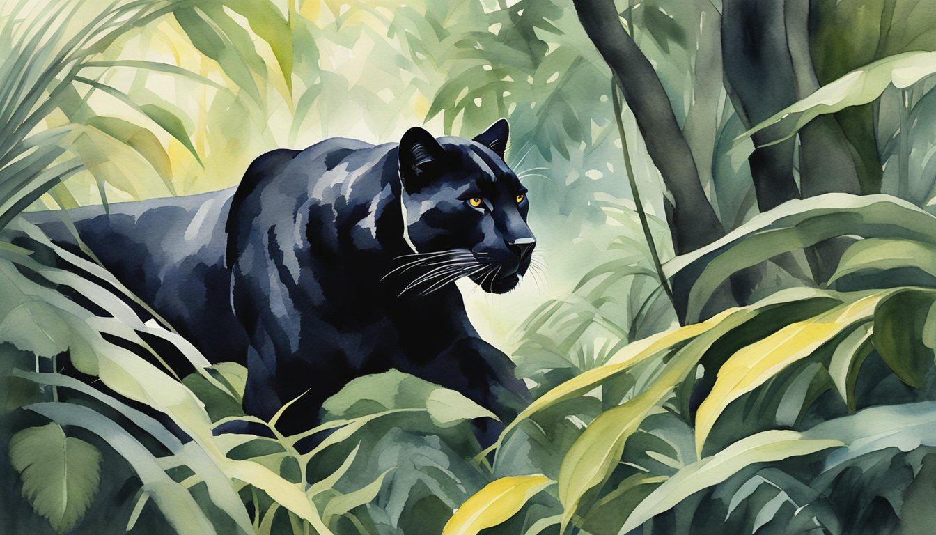 A black panther prowls through dense jungle foliage, its sleek fur blending into the shadows as it stalks its prey