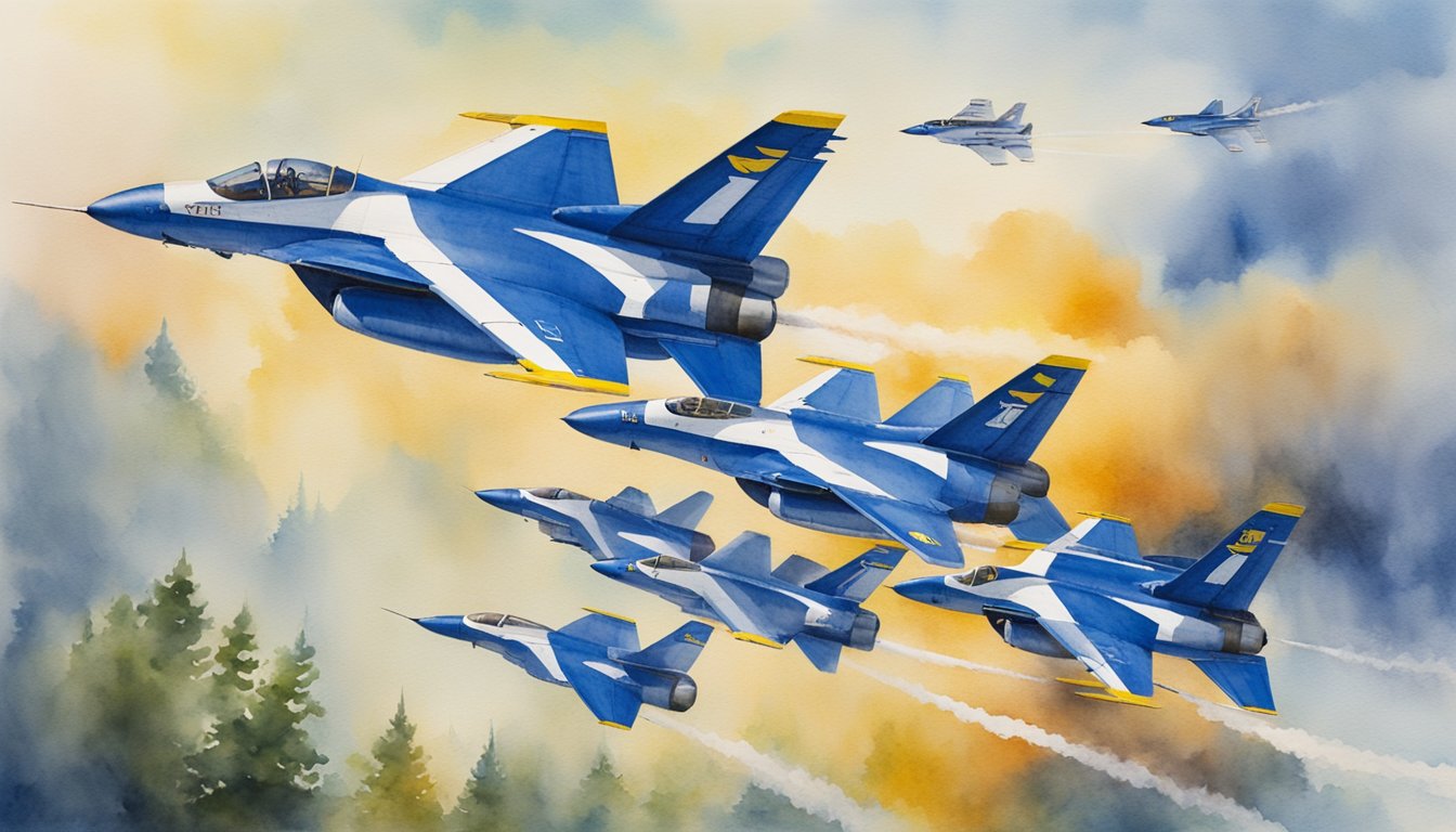 The Thunderbirds and Blue Angels soar through the sky in a thrilling aerial display, performing daring maneuvers and leaving streaks of smoke in their wake