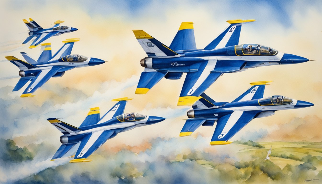 The Thunderbirds and Blue Angels soar in formation, showcasing their history through synchronized maneuvers and aerial acrobatics