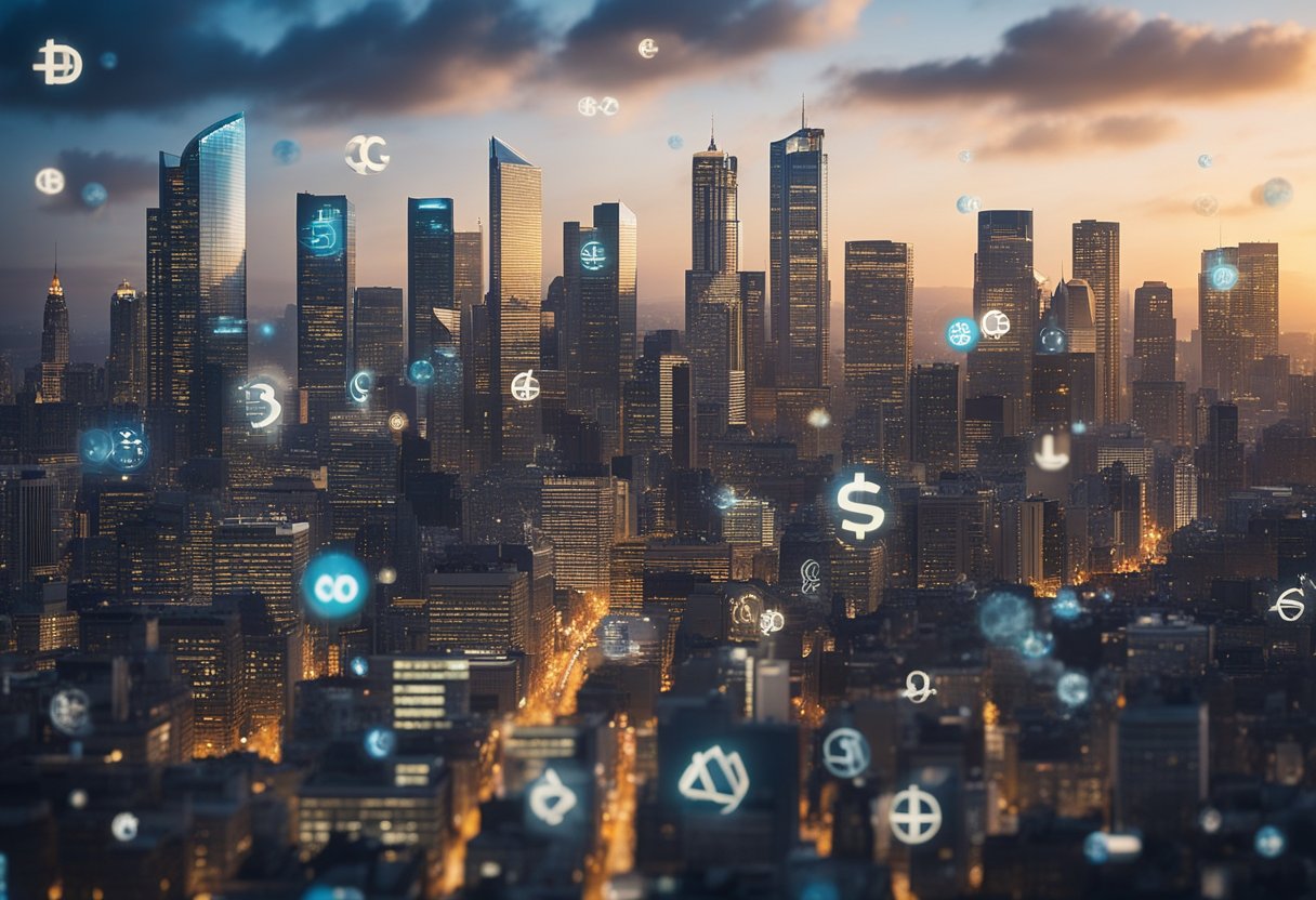 A bustling city skyline with digital currency symbols floating above, representing the economic potential of Zk Rollups