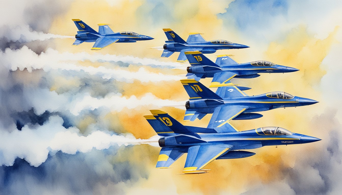 Thunderbirds and Blue Angels planes in formation, soaring through the sky, with smoke trails and precision maneuvers