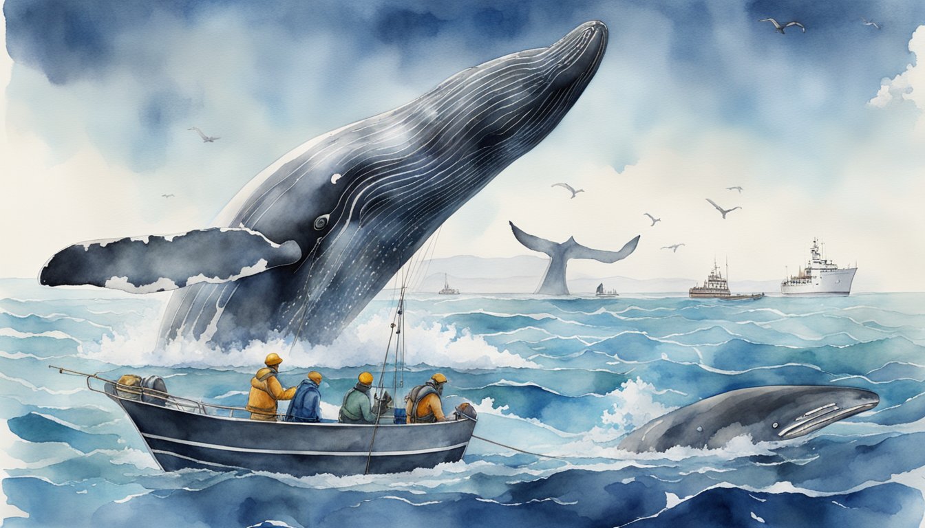 A team of scientists observe and document whale populations in the open ocean, using specialized equipment to track and study the majestic creatures