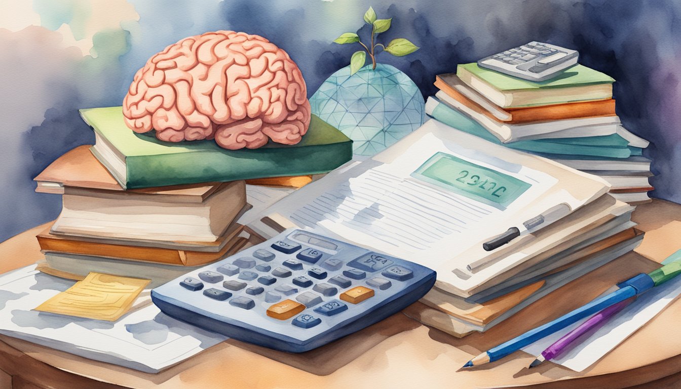 A pile of books, a calculator, and a brain-shaped puzzle on a desk, with a certificate showing an IQ score of 132