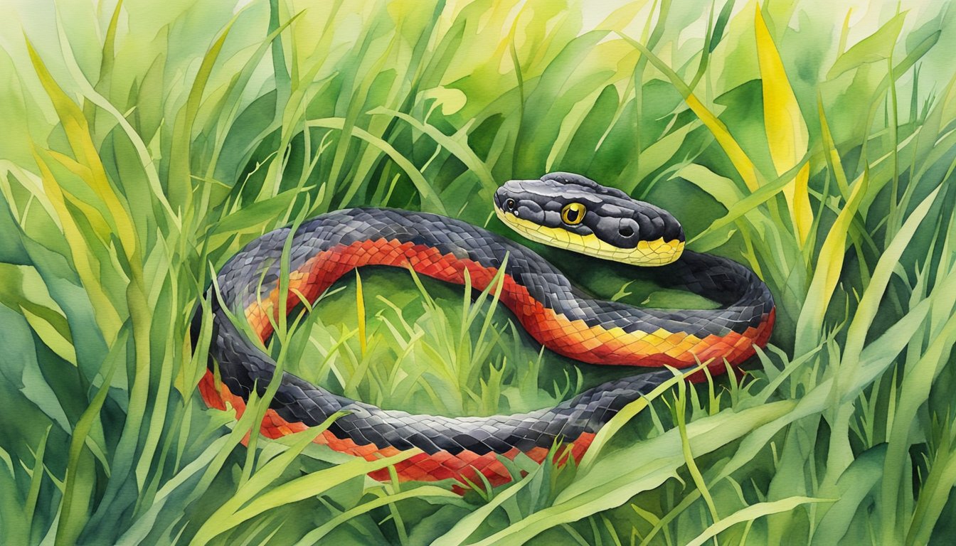 A red, yellow, and black snake slithers through vibrant green grass