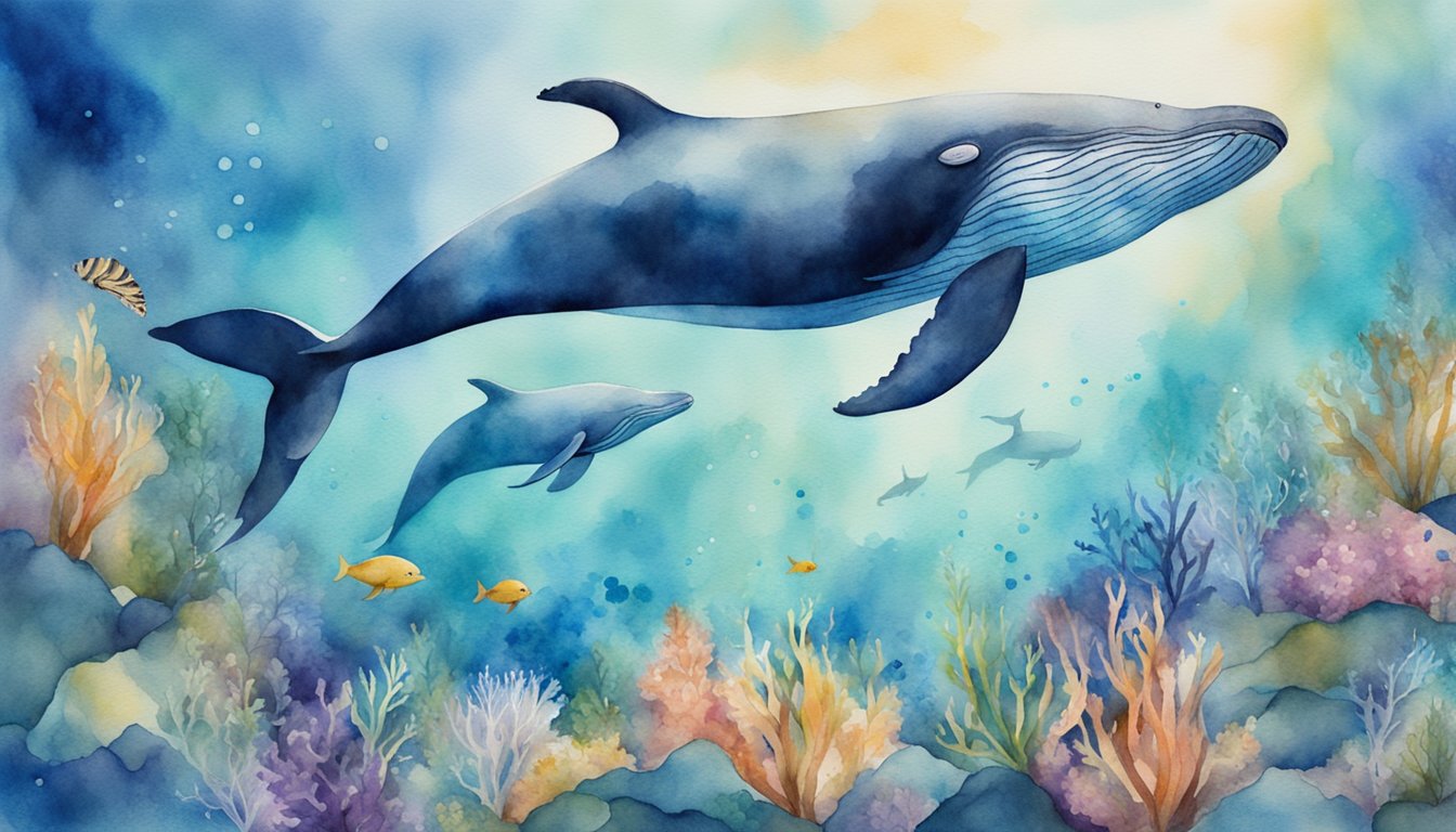 Whales swimming among a variety of marine life, creating a sense of harmony and balance in the underwater ecosystem