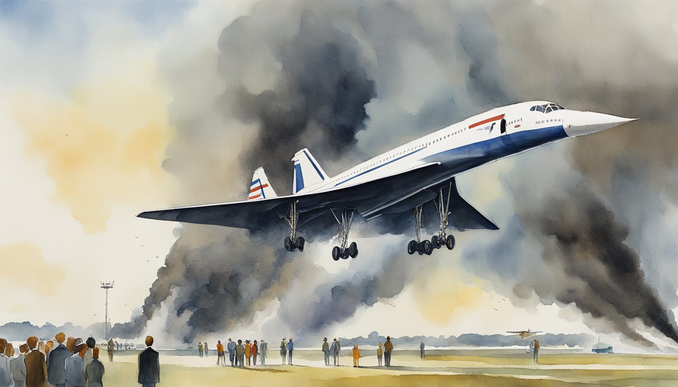 The Concorde plane plummets towards the ground, smoke billowing from its engines, as onlookers watch in horror