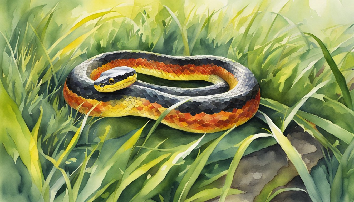 A red, yellow, and black snake slithers through the green grass, its scales glistening in the sunlight