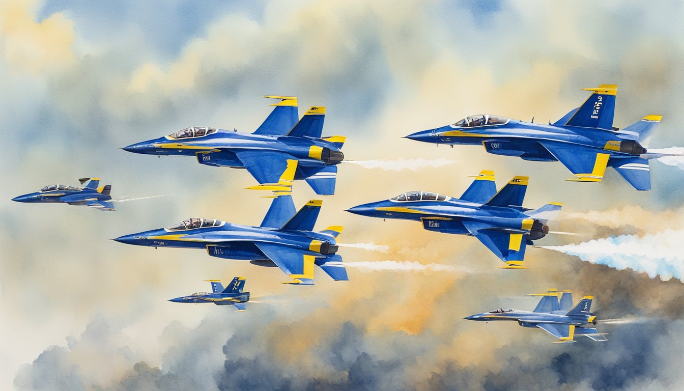 Thunderbirds and Blue Angels jets perform synchronized aerial maneuvers, maintaining precise formations with smoke trails, while ground crews execute safety protocols and maintain equipment