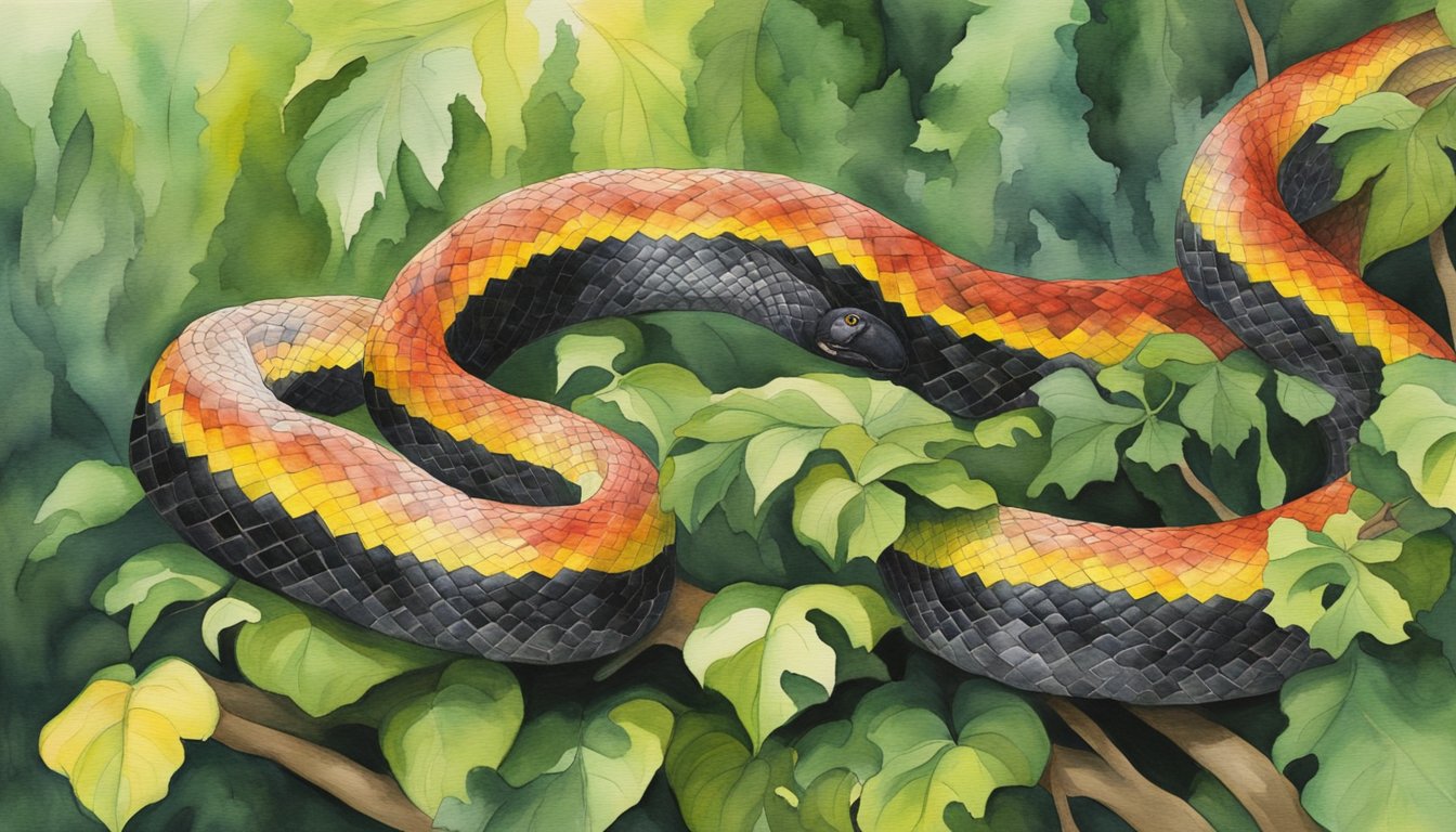 A red, yellow, and black snake slithers through a lush green forest, blending in with the vibrant foliage.</p><p>Its habitat includes dense underbrush and rocky outcroppings