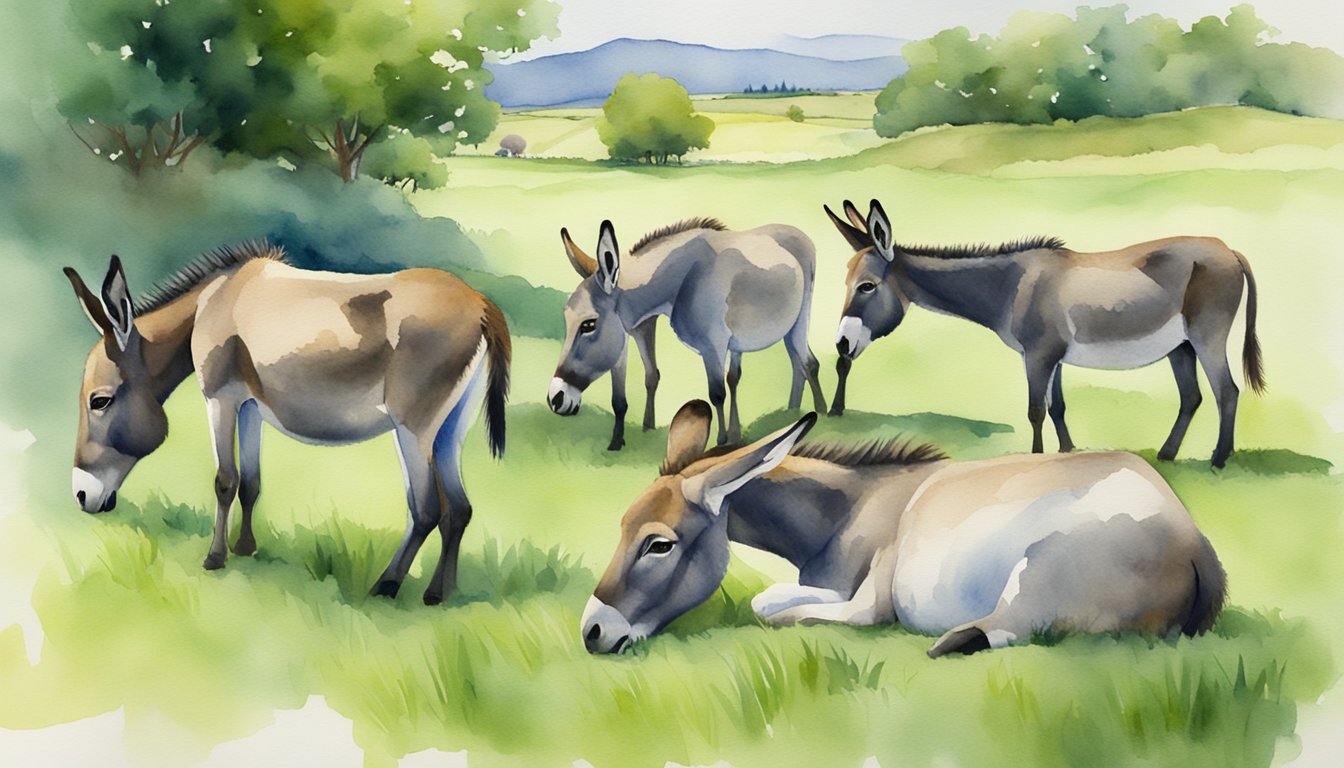 A group of donkeys grazing in a lush green field, some standing while others lay down, their long ears perked up as they listen to the sounds of nature around them