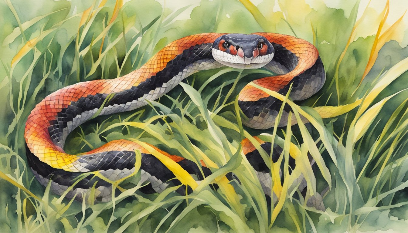 A red, yellow, and black snake slithers through the grass, flicking its tongue and coiling its body