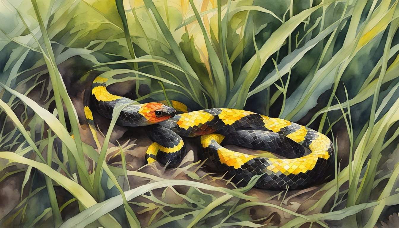 A red, yellow, and black snake slithers through the grass, hunting for its prey in the dense underbrush