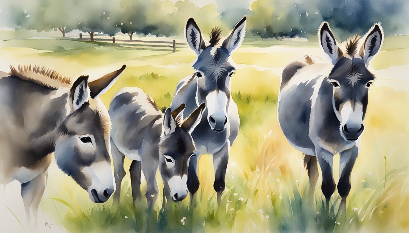 A drove of donkeys grazes in a sunlit meadow, their ears perked up as they munch on grass