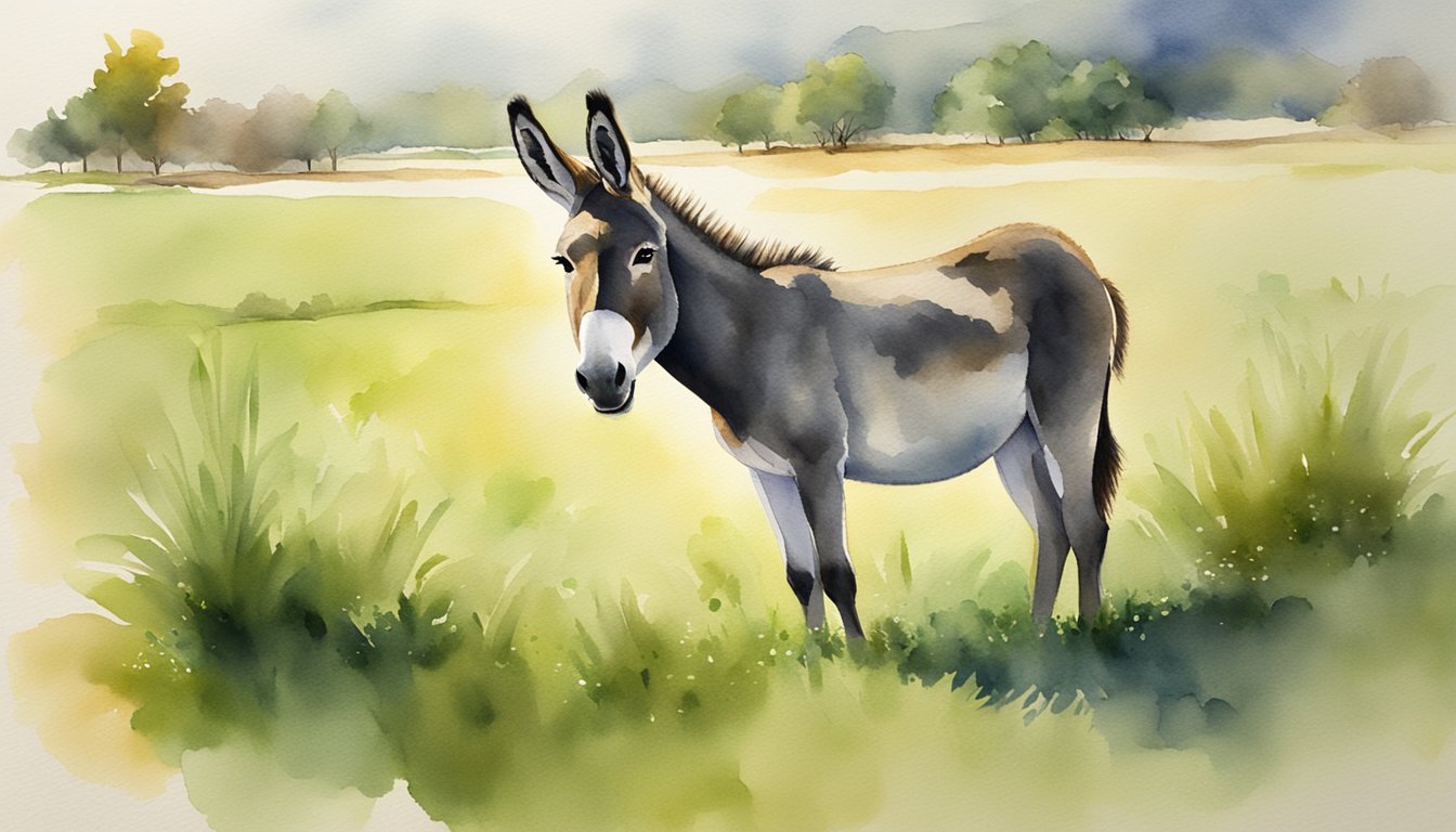 A donkey stands in a green pasture, head raised, emitting a loud braying sound.</p><p>The sun shines down on its brown fur as it calls out to the surrounding area