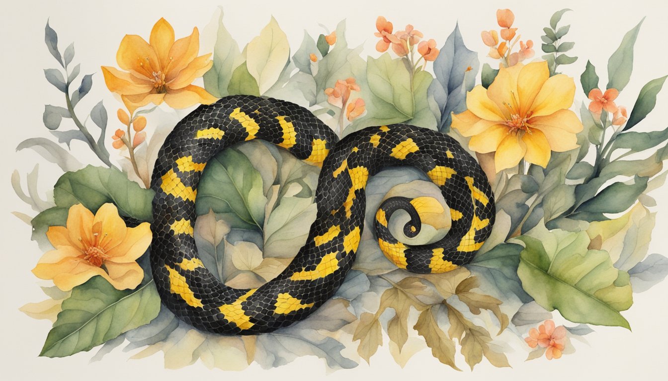 A red, yellow, and black snake coils around a venomous composition of leaves and flowers