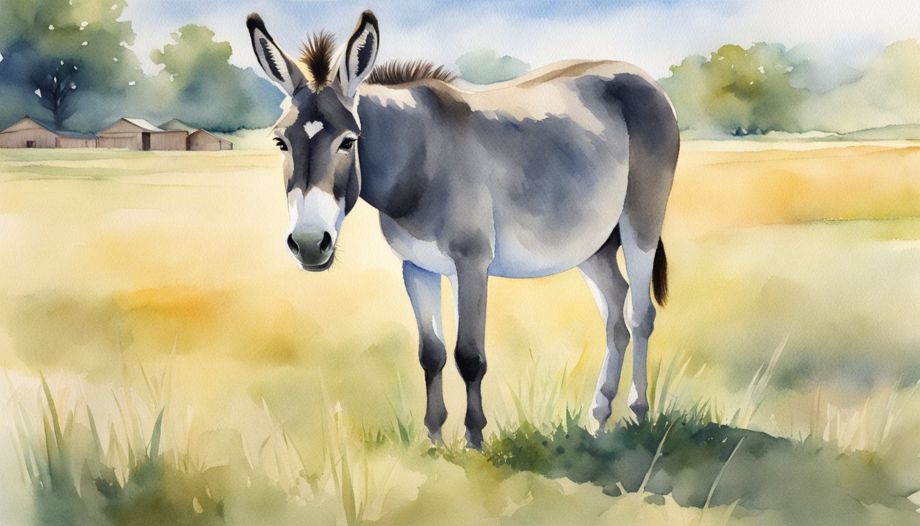 A donkey stands in a sunny field, its long ears perked up, helping to keep it cool