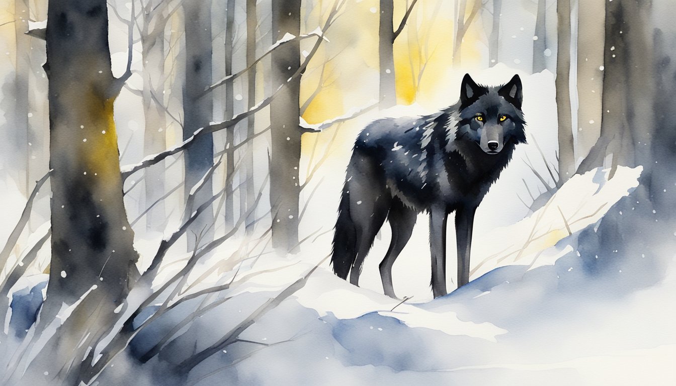 A black wolf prowls through a snowy forest, its piercing yellow eyes scanning the surroundings as it searches for prey