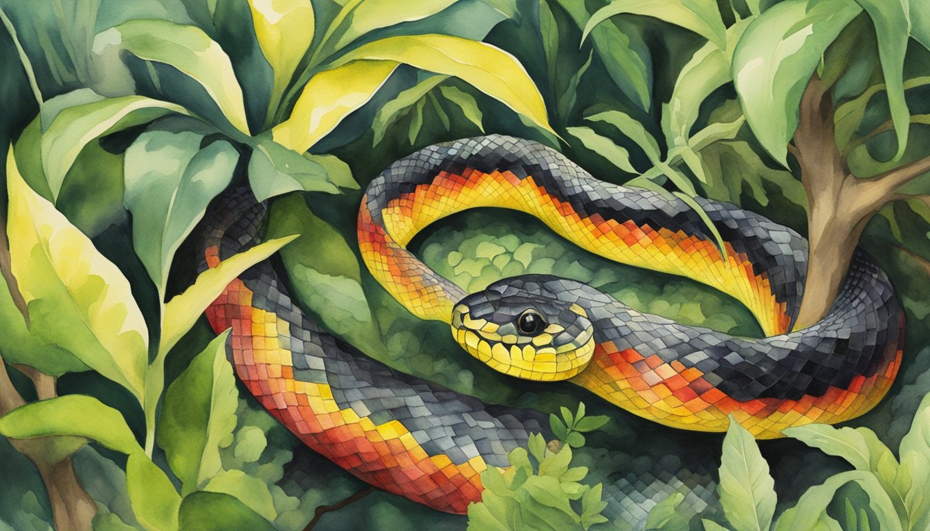 A red, yellow, and black snake slithers through a lush green forest, its scales glistening in the sunlight